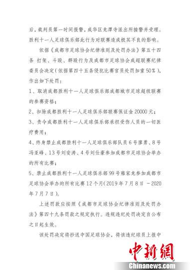 《关于对成都胜利十一人足球俱乐部违规违纪的处罚决定》。成都市足协供图