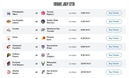 NBA夏季联赛新赛程公布，中国男篮将于北京时间13日凌晨6:30对阵菲尼克斯太阳。 图片来源：NBA官网截图